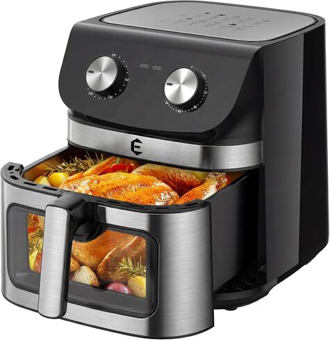 9.5Qt Large Air Fryer Oven, Airfryer Toaster Oven Combo, Non Toxic Stainless Steel Air Fryer with Window, XL Capacity Basket Style Airfryer for Family, Easy Dual Knob Control, Black in Kuwait