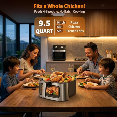 9.5Qt Large Air Fryer Oven, Airfryer Toaster Oven Combo, Non Toxic Stainless Steel Air Fryer with Window, XL Capacity Basket Style Airfryer for Family, Easy Dual Knob Control, Black in Kuwait