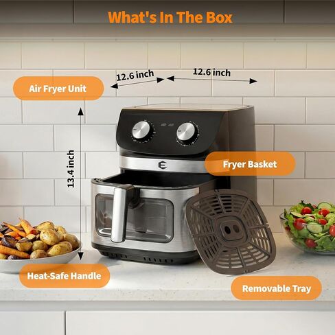 9.5Qt Large Air Fryer Oven, Airfryer Toaster Oven Combo, Non Toxic Stainless Steel Air Fryer with Window, XL Capacity Basket Style Airfryer for Family, Easy Dual Knob Control, Black in Kuwait
