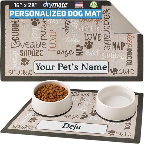 Drymate Personalized Pet Bowl Placemat, Custom Dog & Cat Food Feeding Mat - Absorbent Fabric, Waterproof Backing - Machine Washable/Durable (USA Made) (16" x 28") (Linen Tan) in Kuwait