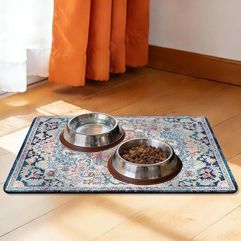 Pet Feeding Mat, Non-Slip Absorbent Dog Food Mat with Rubber Backing, Quick-Dry Floor Mat for Dog & Cat Water Bowls, 12x20 Inch (Bohemia Style 08) in Kuwait