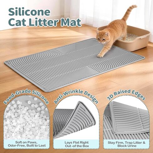 Silicone Cat Litter Mat,40"x28" Extra Large Litter Box Tray,Waterproof Soft on Kitty Paws Mat Litter Trapping Mat for Scatter Control Non-Sip Easy to Clean(Grey) in Kuwait