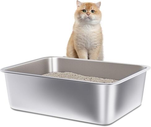 Stainless Steel Litter Box, Medium Metal Litter Box for Cat,Easy Clean Non Stick Easy Entry No Smell Metal Litterbox for Kitty/Rabbits in Kuwait