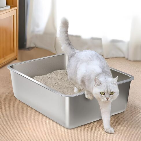 Stainless Steel Litter Box, Medium Metal Litter Box for Cat,Easy Clean Non Stick Easy Entry No Smell Metal Litterbox for Kitty/Rabbits in Kuwait