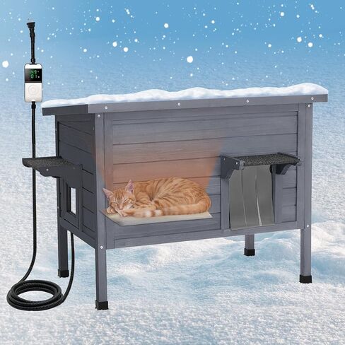 Ciokea Heated Outdoor Cat House with Heating Pad - Weatherproof Insulated Feral Cat Shelter for Winter, Escape Door & PVC Curtain, Grey in Kuwait