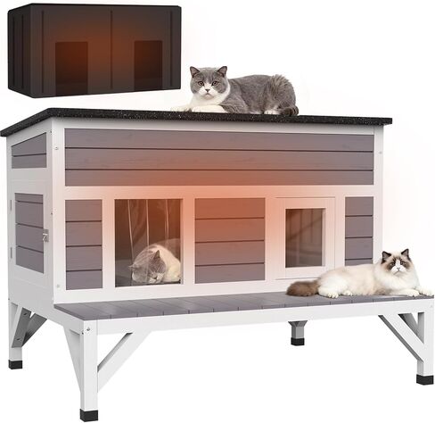 Large Cat House Outdoor Weatherproof Feral Cat Shelter with Elevated Platform, Waterproof & Insulated Wooden Cat House Easy to Install Clean for Multiple Cats in Kuwait