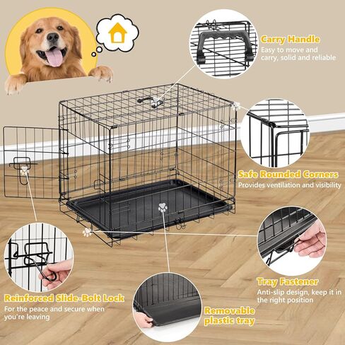 Dog Crate - Single Door 30 Inch Portable Puppy Dog Cage, Metal Wire Pet Kennel with Secure Lock, Leak-Proof Pan Tray, Foldable Design for Dogs Pets Indoor Training and Outdoor Trave in Kuwait