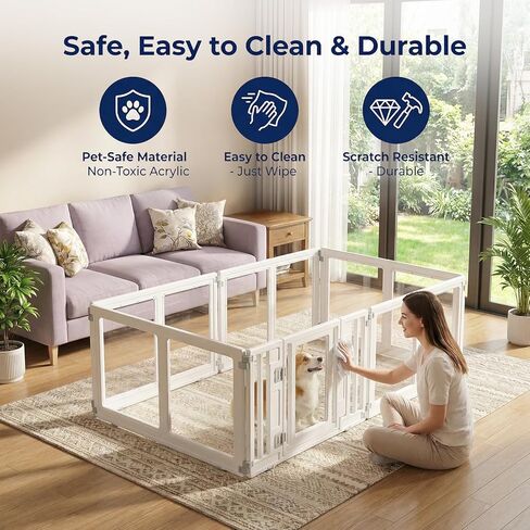 Clear Acrylic Dog Playpen with Door, Transparent Puppy Playpen for Small and Medium Puppies, Easy Assemble Pet Fence Indoor with Safety Lock(White, 69.3 x 35 x 22.4 Inch) in Kuwait