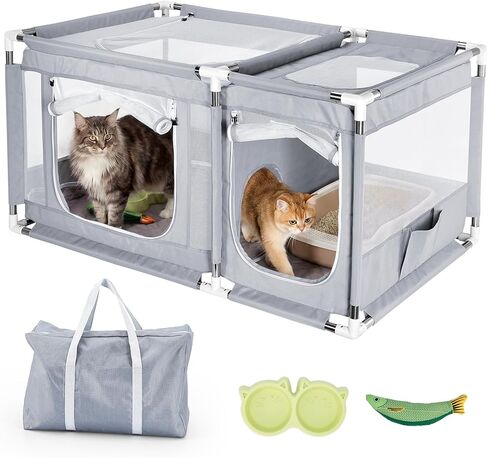 2-in-1 Cat Playpen with Litter Box Area, Keaber Indoor Pet Tent for Kittens Puppies with Waterproof Mat, Dog Enclosure for Adaptation, Training, Recovery & Travel (Light Grey, with Carrying Case) in Kuwait