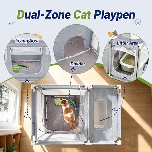 2-in-1 Cat Playpen with Litter Box Area, Keaber Indoor Pet Tent for Kittens Puppies with Waterproof Mat, Dog Enclosure for Adaptation, Training, Recovery & Travel (Light Grey, with Carrying Case) in Kuwait