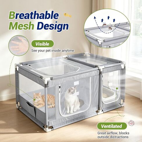 2-in-1 Cat Playpen with Litter Box Area, Keaber Indoor Pet Tent for Kittens Puppies with Waterproof Mat, Dog Enclosure for Adaptation, Training, Recovery & Travel (Light Grey, with Carrying Case) in Kuwait