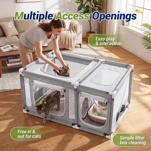 2-in-1 Cat Playpen with Litter Box Area, Keaber Indoor Pet Tent for Kittens Puppies with Waterproof Mat, Dog Enclosure for Adaptation, Training, Recovery & Travel (Light Grey, with Carrying Case) in Kuwait