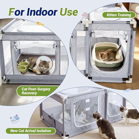 2-in-1 Cat Playpen with Litter Box Area, Keaber Indoor Pet Tent for Kittens Puppies with Waterproof Mat, Dog Enclosure for Adaptation, Training, Recovery & Travel (Light Grey, with Carrying Case) in Kuwait