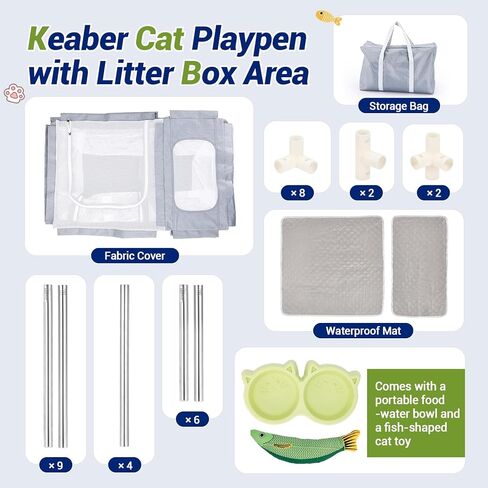 2-in-1 Cat Playpen with Litter Box Area, Keaber Indoor Pet Tent for Kittens Puppies with Waterproof Mat, Dog Enclosure for Adaptation, Training, Recovery & Travel (Light Grey, with Carrying Case) in Kuwait