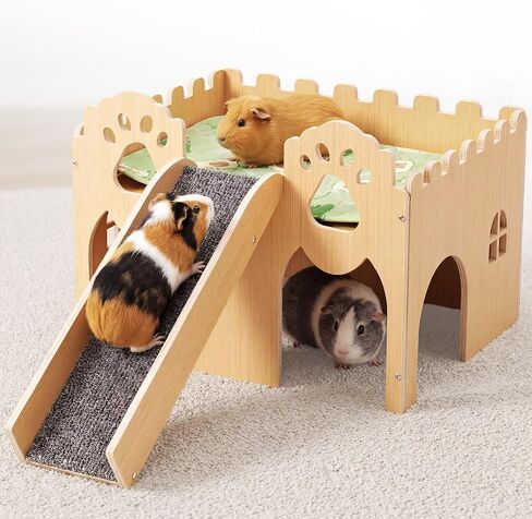 Guinea Pig Castle Extra Large, Sturdy Wooden Hideout House Ventilated Multi-Entry Small Animal Habitat, Easy to Assemble for Guinea Pigs, Bunnies, Hamsters, and Chinchillas in Kuwait