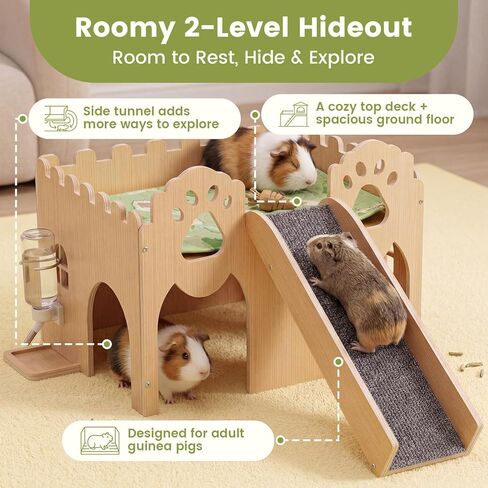 Guinea Pig Castle Extra Large, Sturdy Wooden Hideout House Ventilated Multi-Entry Small Animal Habitat, Easy to Assemble for Guinea Pigs, Bunnies, Hamsters, and Chinchillas in Kuwait