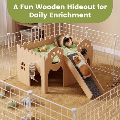 Guinea Pig Castle Extra Large, Sturdy Wooden Hideout House Ventilated Multi-Entry Small Animal Habitat, Easy to Assemble for Guinea Pigs, Bunnies, Hamsters, and Chinchillas in Kuwait