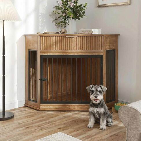 Corner Dog Crate Furniture, Wooden Dog Kennel Furniture for Small Medium Dog, Indoor Wood Dog Cage with Fluted Drawer Storage,Space-Saving Dog House End Table (White) in Kuwait