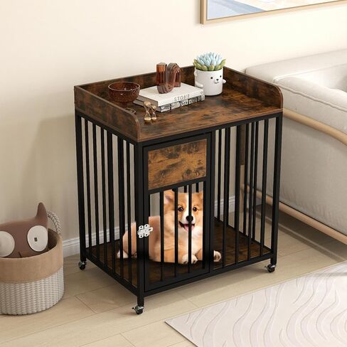 أثاث قفص للكلاب من PETSITE بعجلات قابلة للقفل، بيت خشبي للكلاب داخلي بإطار معدني قوي، سطح طاولة واسع، وباب قابل للقفل، طاولة جانبية لنهاية بيت الكلب بطول 33 بوصة للكلاب المتوسطة الصغيرة in Kuwait