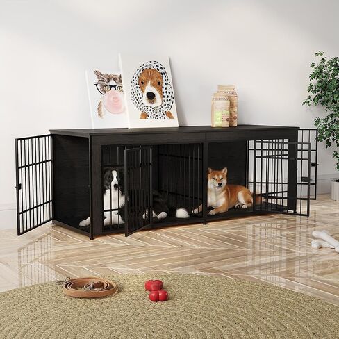 GarveeLife 78.7" Heavy Duty Dog Crate Furniture, Dog Cage Furniture with Divider, Wooden Kennel Indoor TV Stand End Table for Large/Medium Dogs, Black in Kuwait