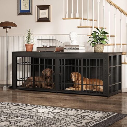 GarveeLife 78.7" Heavy Duty Dog Crate Furniture, Dog Cage Furniture with Divider, Wooden Kennel Indoor TV Stand End Table for Large/Medium Dogs, Black in Kuwait
