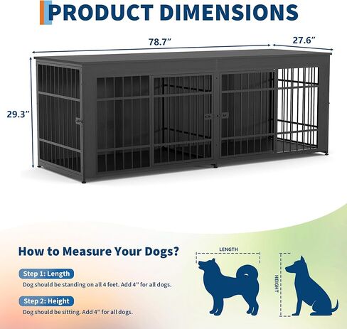 GarveeLife 78.7" Heavy Duty Dog Crate Furniture, Dog Cage Furniture with Divider, Wooden Kennel Indoor TV Stand End Table for Large/Medium Dogs, Black in Kuwait