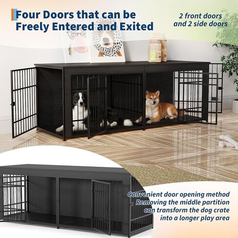 GarveeLife 78.7" Heavy Duty Dog Crate Furniture, Dog Cage Furniture with Divider, Wooden Kennel Indoor TV Stand End Table for Large/Medium Dogs, Black in Kuwait