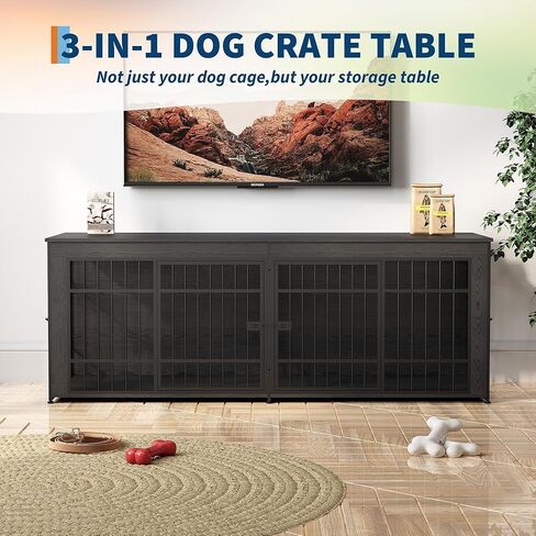 GarveeLife 78.7" Heavy Duty Dog Crate Furniture, Dog Cage Furniture with Divider, Wooden Kennel Indoor TV Stand End Table for Large/Medium Dogs, Black in Kuwait