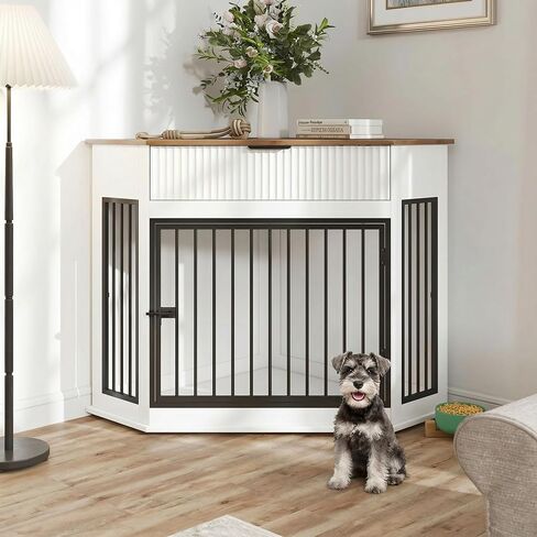 Corner Dog Crate Furniture with Fluted Storage Drawer, 44.6'' Wooden Dog Kennel End Table for TV Stand, Furniture Style, Corner Space-Saving Dog Cage for Small Medium Dog (White) in Kuwait