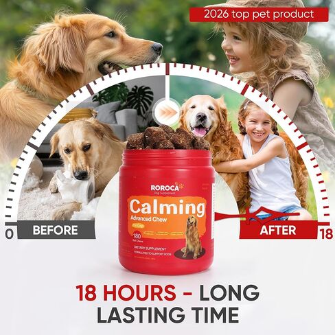 مضغ مهدئ للكلاب - تركيبة عشبية لتخفيف قلق الكلاب، هدوء واسترخاء يدوم لمدة 24 ساعة، الميلاتونين للكلاب، قيمة رائعة، مكونات من الولايات المتحدة الأمريكية ومصادر عالمية، عدد 180 in Kuwait