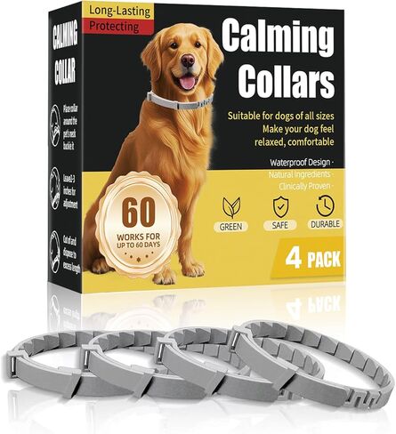 Calming Collar For Dogs 4 Packs, Effectively Relieves Anxiety from Noise, Separation, New environment, Fireworks, Adjustable 25" Flexible, Lasts 60 Days, Grey, Suitable for All Dog Sizes & Ages in Kuwait