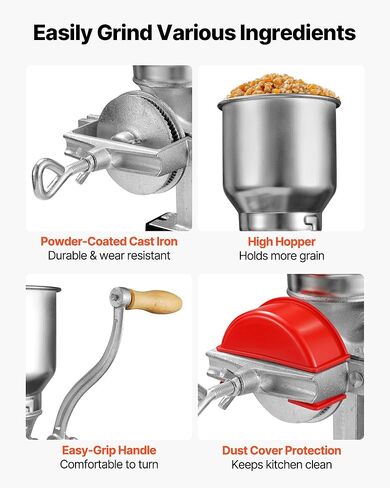 VEVOR Manual Grain Mill with High Hopper, Hand-Crank Corn Grinder, Heavy Duty Cast Iron Wheat Grinding Mill with Stable Table Clamp & Dust Cover for Grains Spices Coffee Beans Nuts in Kuwait
