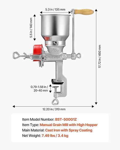 VEVOR Manual Grain Mill with High Hopper, Hand-Crank Corn Grinder, Heavy Duty Cast Iron Wheat Grinding Mill with Stable Table Clamp & Dust Cover for Grains Spices Coffee Beans Nuts in Kuwait