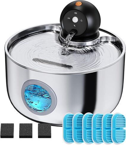 Wireless Cat Water Fountain Cordless: Stainless Steel Cat Fountains for Drinking - 88oz/2.6L Battery Operated Pet Water Fountain Indoor with Motion Sensor - Rechargeable Automatic Water Dispenser in Kuwait