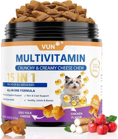Cat Vitamins Crunchy&Creamy Chews-15 in 1 Cat Multivitamin Treat,Taurine for Cats Immune,Digestive,Skin&Coat,Joint,Heart & Brain with Fish Oil,DL-Methionine,Probiotics of All Breeds Ages,500 Counts in Kuwait