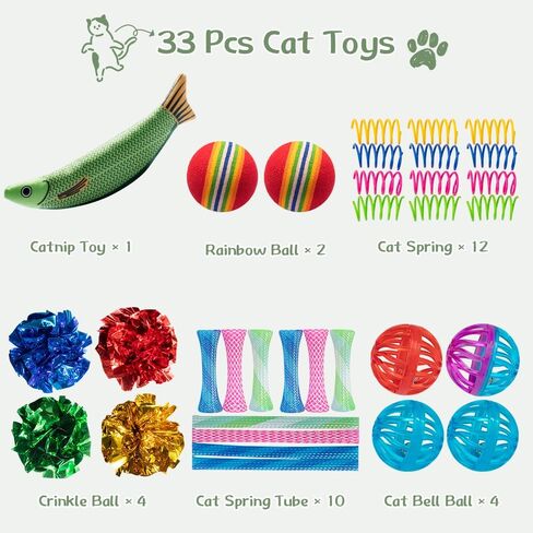 Cat Toys 33 Pack - Delightful Interactive Variety Set for Cats & Kittens with Catnip Toy, Crinkle Balls, Cat Ball Toys, Springs to Reduce Anxiety & Destructive Behaviour in Kuwait