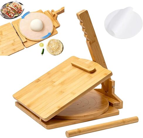 Wooden Tortilla Press,10 Inches Rotatable Prensa Para Tortillas with Bamboo Tortilla Press,Rolling Pin and 50 Pcs Parchment Paper for Homemade Mexican Tortillera, Pataconera, Burritos and Dough Press in Kuwait