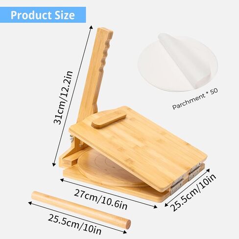 Wooden Tortilla Press,10 Inches Rotatable Prensa Para Tortillas with Bamboo Tortilla Press,Rolling Pin and 50 Pcs Parchment Paper for Homemade Mexican Tortillera, Pataconera, Burritos and Dough Press in Kuwait