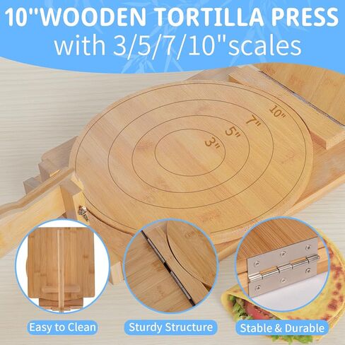 Wooden Tortilla Press,10 Inches Rotatable Prensa Para Tortillas with Bamboo Tortilla Press,Rolling Pin and 50 Pcs Parchment Paper for Homemade Mexican Tortillera, Pataconera, Burritos and Dough Press in Kuwait