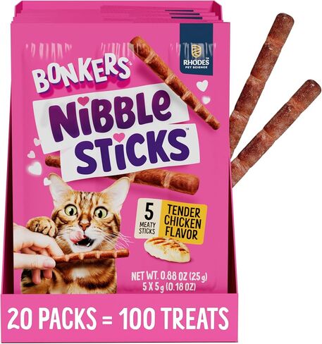 Bonkers Nibble Sticks Soft & Meaty Tender Chicken Flavor Cat Treats, 5 Sticks (Pack of 20) in Kuwait