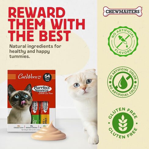 كاتوركس من تشوماسترز، مكافآت القطط الناعمة القابلة للضغط، 54 عبوة - أنابيب ضغط هريسة كريمية للقطط الصغيرة والقطط البالغة - وجبة خفيفة للتغذية اليدوية أو الجزء العلوي من الطعام - مكافأة تدريب، 0.53 أونصة in Kuwait