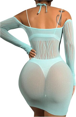 SHENHE Women's Fishnet Off Shoulder Short Sleeve Hollow Out Cover Up Sun Dresses in Saudi Arabia