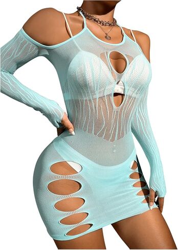 SHENHE Women's Fishnet Off Shoulder Short Sleeve Hollow Out Cover Up Sun Dresses in Saudi Arabia