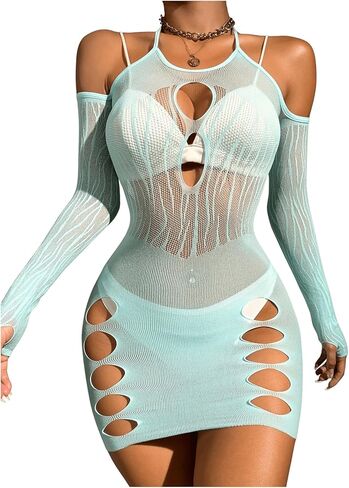 SHENHE Women's Fishnet Off Shoulder Short Sleeve Hollow Out Cover Up Sun Dresses in Saudi Arabia