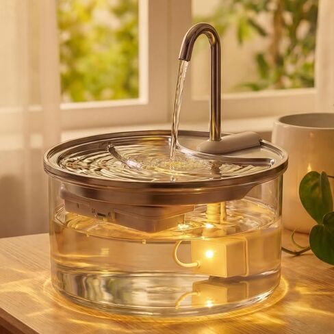 Tomxcute Glass Cat Water Fountain, 84oz/2.5L Scientific Gold Capacity for 1-2 Cats, Tiered Step-Level Pet Fountain with Soft Warm Glow, Ultra Quiet Borosilicate Glass Waterer to Reduce Feline Acne in Kuwait