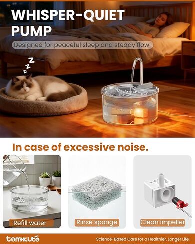 Tomxcute Glass Cat Water Fountain, 84oz/2.5L Scientific Gold Capacity for 1-2 Cats, Tiered Step-Level Pet Fountain with Soft Warm Glow, Ultra Quiet Borosilicate Glass Waterer to Reduce Feline Acne in Kuwait