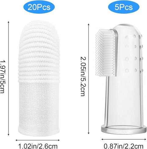25Pcs Cat & Dog Toothbrush Soft Fabric Pet Finger Toothbrush Kit Washable & Reusable Oral Cleaning Wipes for Puppies Kittens at Home Dental Care (White and Clear) in Kuwait