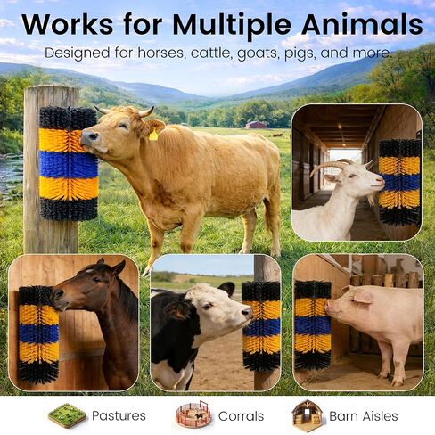 2PCS Livestock Scratching Brush for Horse, Heavy-Duty Post Grooming and Massage Scratch Brushes for Cow Donkey Goats Horse Sheep, with 8 Screws for Back Itch Relief & Keep Cleaning, 17" x 7.9" in Kuwait