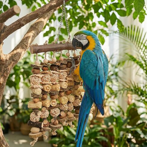 Macaw Toy, Parrot Toys for Large Birds, 14.5 Inch Extra Large Bird Chewing Toy Wall with Natural Wood, Corn Cobs and Rattan Balls, Hanging Foraging Cage Accessories for African Grey, Cockatoos in Kuwait