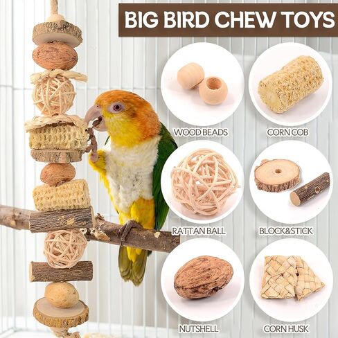 Macaw Toy, Parrot Toys for Large Birds, 14.5 Inch Extra Large Bird Chewing Toy Wall with Natural Wood, Corn Cobs and Rattan Balls, Hanging Foraging Cage Accessories for African Grey, Cockatoos in Kuwait